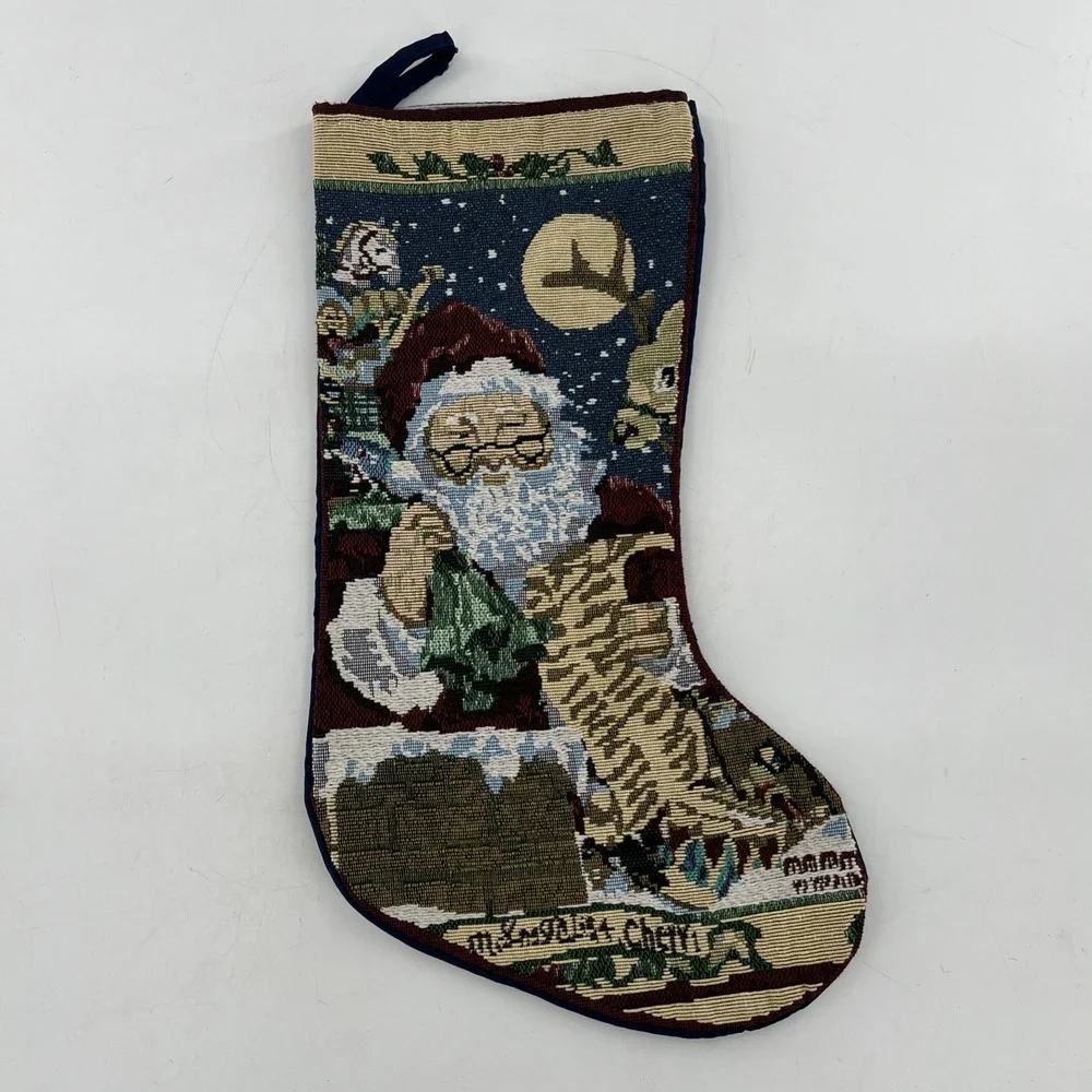 Tapestry Christmas Stocking Santa Toy Sack Down Chimney Roof Checking List 17.5